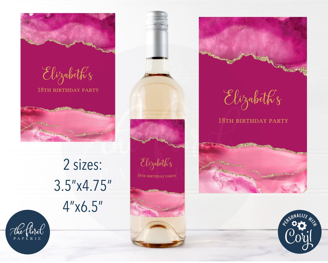 Printable Wine Label Template, Editable Pink and Gold Agate Wine Bottle ...