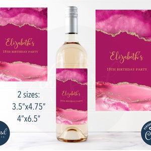 printable wine label template, editable pink and gold agate wine bottle labels, wine bottle stickers, birthday party favor, wine favor tfp06