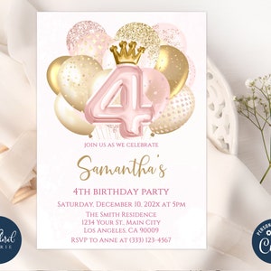 4th birthday invitation template, editable blush and gold princess birthday invites, balloons birthday party invites, girl birthday party