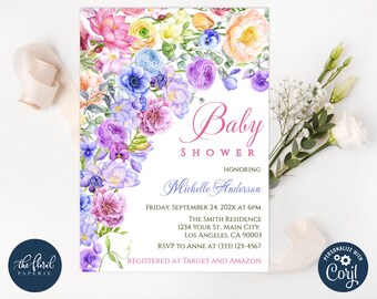 Floral Rainbow Baby Shower Invitation Template, Editable Baby Celebration Party Invite (Printable)