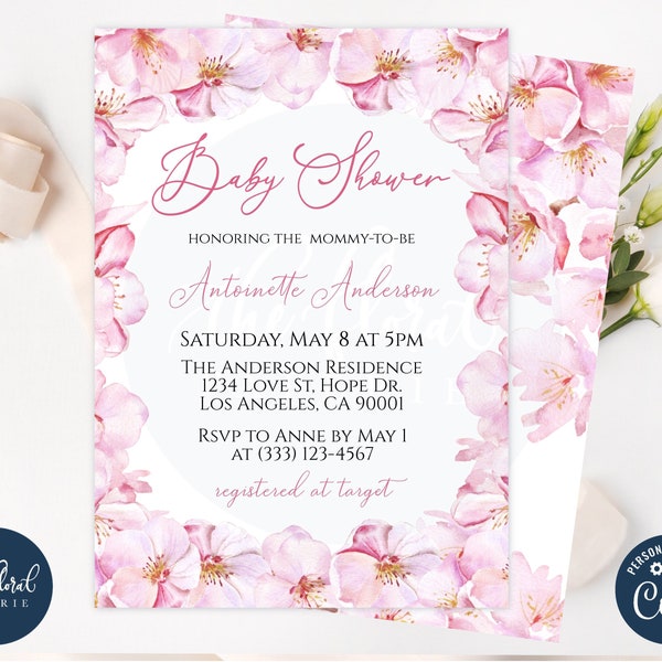 cherry blossom baby shower invitation template, editable sakura baby shower invites, girl baby shower, pink floral baby shower invites tfp18