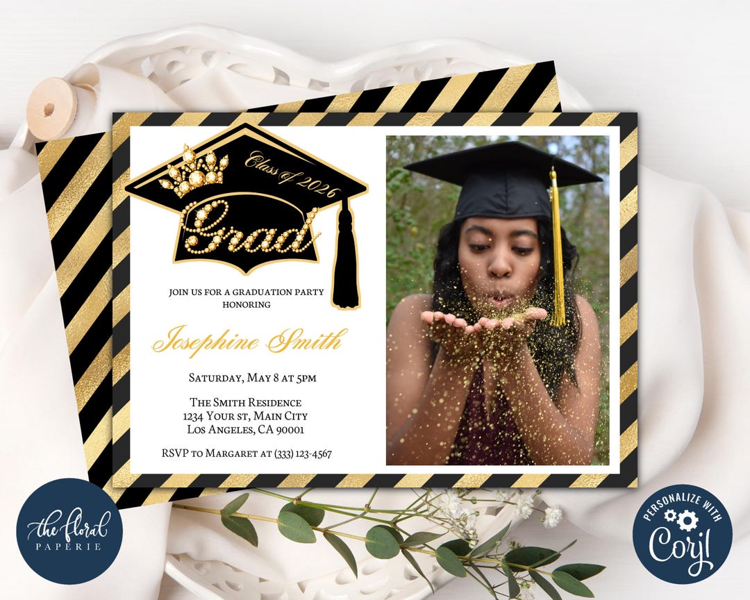 Black and Gold Graduation Party Invitation Template, Class of 2026 ...