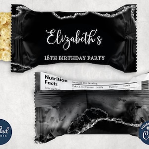 black and silver rice krispies wrapper template, editable rice crispy wrapper, printable rice krispies treat labels, birthday favors TFP44