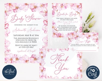 cherry blossom baby shower invitation template, girl baby shower, printable baby shower invite bundle, pink floral baby shower theme, TFP18