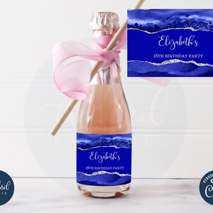 royal blue and silver mini champagne label template, mini wine bottle labels, shades of blue wine bottle stickers, wine party favors, TFP42