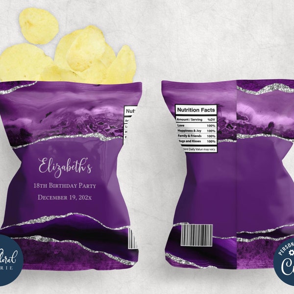 purple and silver chip bag template, editable potato chip bag wrapper, printable agate potato chips party favor label, custom chip bag TFP23