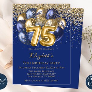 Sjabloon 75e verjaardagsuitnodiging, marineblauwe en gouden verjaardag, bewerkbare ballon verjaardagsuitnodigingen, uitnodiging voor feest voor volwassenen, 75e verjaardag
