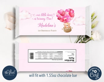 bear chocolate wrapper template, pink bear candy bar wrapper, bear balloons candy bar wrapper, bear themed birthday, girl bear baby shower