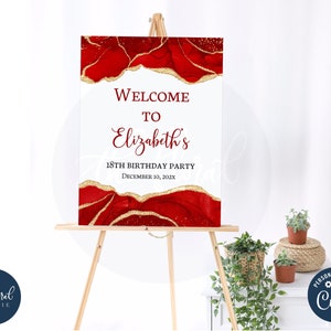 red and gold birthday Welcome Sign template, printable birthday welcome sign poster, adult birthday, red and gold party decor TFP37