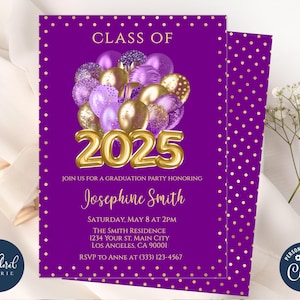 graduation party invitation template, editable purple and gold graduation party invites, class of 2025, graduation celebration invites
