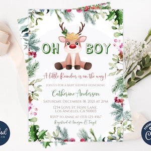 Rentier-Babypartyeinladungsvorlage, bearbeitbare Weihnachts-Babypartyeinladungen, druckbare Winter-Babypartyeinladungen, Oh Junge-Babyparty