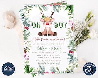 reindeer baby shower invitation template, editable christmas baby shower invites, printable winter baby shower invites, oh boy baby shower