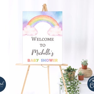 rainbow baby shower welcome sign template, printable party decor, personalized welcome sign, editable pastel rainbow welcome poster, TFP14