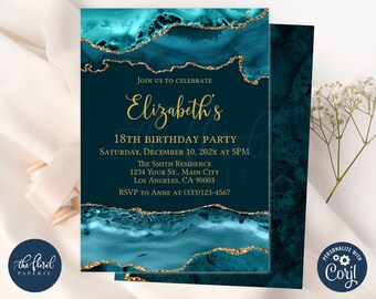 teal and gold birthday invitation template, editable any age birthday invitation, agate invitation, adult birthday, women birthday TFP35