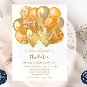 last day of chemo party invitation template, gold ribbon invitation, leukemia cancer, childhood cancer, cancer free invites, cancer warrior