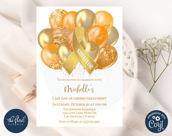last day of chemo party invitation template, gold ribbon invitation, leukemia cancer, childhood cancer, cancer free invites, cancer warrior