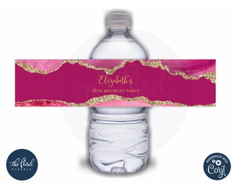 pink and gold water bottle label template, editable agate water bottle stickers, birthday favors, bottle label, water bottle wrapper TFP06