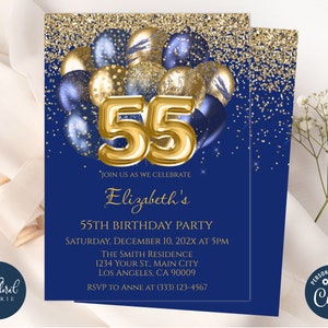 55th birthday invitation template, navy blue and gold birthday, editable balloons birthday party invites, adult party invite, 55 birthday