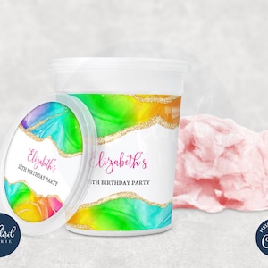 rainbow cotton candy tub label template, editable cotton candy tub wrapper, printable party favor labels, birthday favors labels TFP36