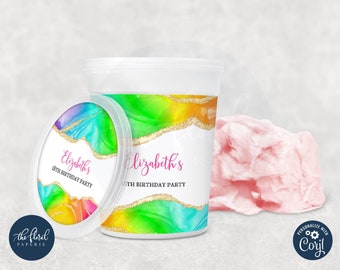 modello di etichetta per vaschetta di zucchero filato arcobaleno, involucro modificabile per vaschetta di zucchero filato, etichette stampabili per bomboniere, etichette per bomboniere di compleanno TFP36