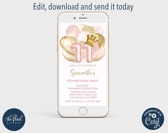 Blush Gold 11th Birthday Text Invitation Template (Digital Invitation)