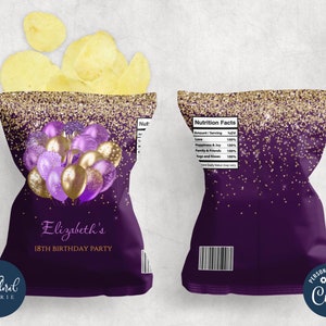 purple and gold chip bag template, editable potato chip bag wrapper, printable potato chips party favor labels, custom chip bag template