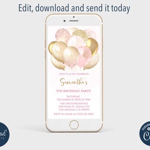 blush and gold birthday text invitation template, editable birthday text invite, digital invitation, phone invitation, electronic invites