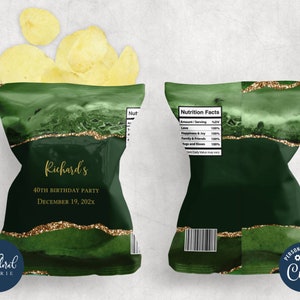 sjabloon groene en gouden frietzakje, bewerkbare verpakking chipszakje, afdrukbare chipslabels, aangepaste frietzakje, verjaardagsbedankjes tfp24