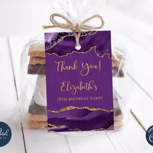 purple and gold birthday favor tags template, editable birthday gift tags, printable birthday labels, thank you tags, personalized tag TFP04