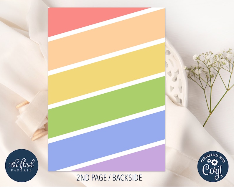 May include: A printable digital download with a rainbow color scheme. The colors are pink, peach, yellow, green, blue, and purple. The text "2nd Page / Backside" is at the bottom of the page.