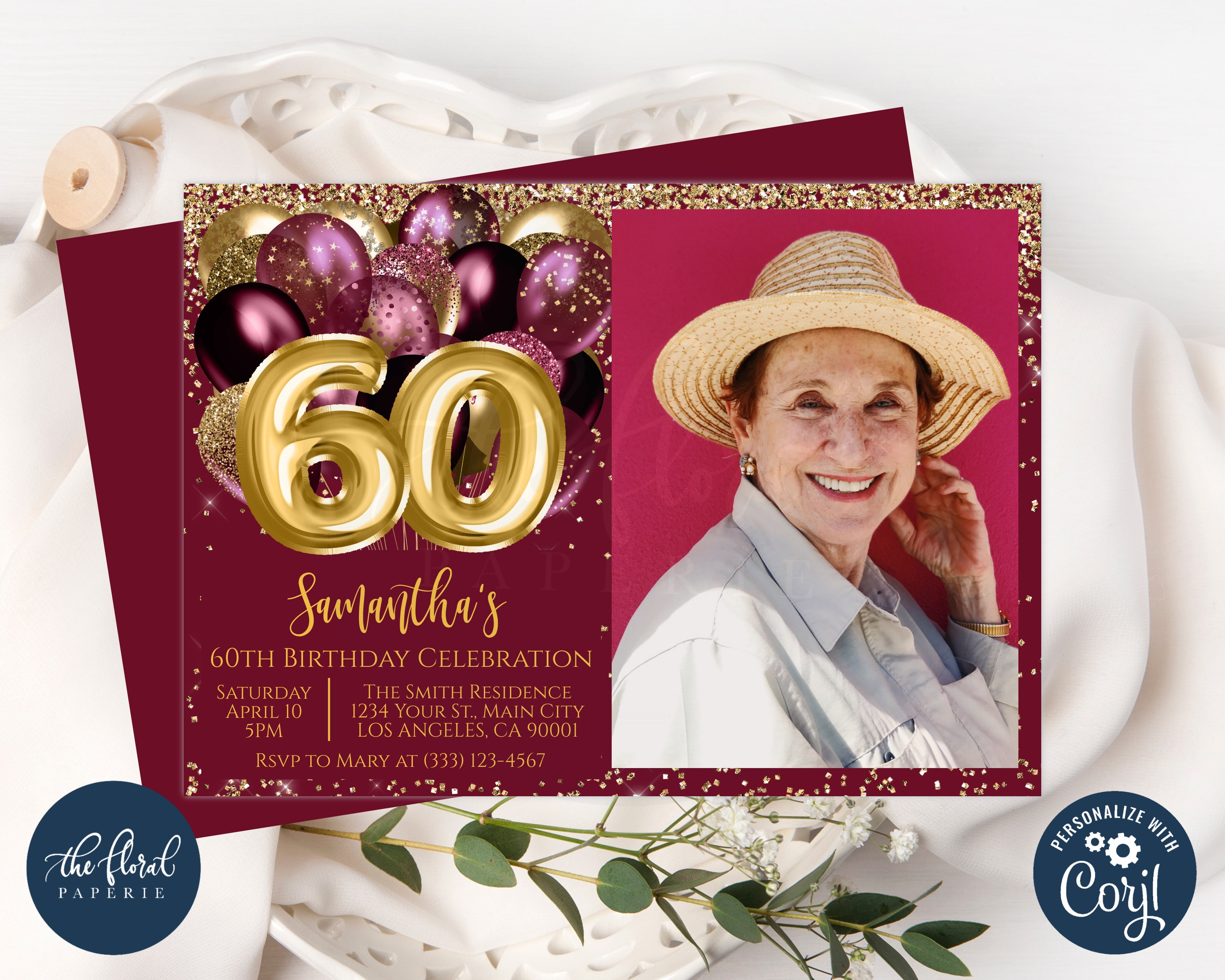 60th Birthday Invitation Template Editable Burgundy and Gold Etsy UK