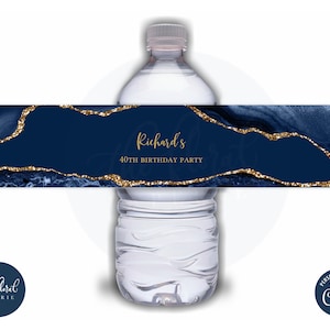 blue and gold water bottle label template, editable agate water bottle sticker, birthday favors, bottle labels, water bottle wrapper