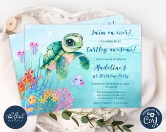 Turtle Girl Birthday Invitation Template, Under the Sea Party Invite (Digital)