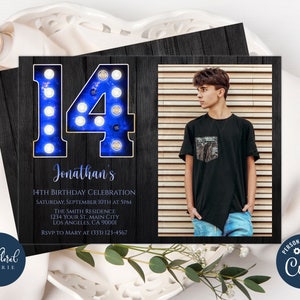 Plantilla de invitación para el cumpleaños número 14, invitación editable para el cumpleaños número 14 en azul y negro, invitaciones para fiestas de cumpleaños con marquesina, fiesta de cumpleaños de niño