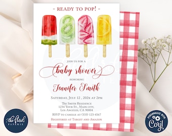 Szablon zaproszenia na baby shower w kształcie lodów na patyku, edytowalne letnie zaproszenie na baby shower, gotowe do wydrukowania zaproszenia na baby shower, wyskakujące zaproszenia