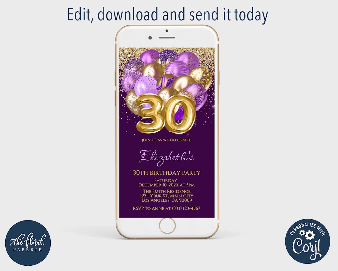 Purple and Gold 30th Birthday Text Invitation Template (digital ...