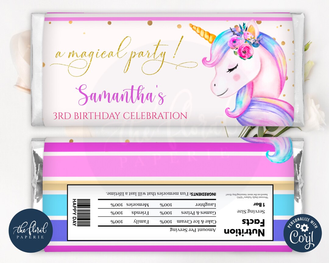 Unicorn Chocolate Wrapper Template Editable Unicorn Candy Bar - Etsy
