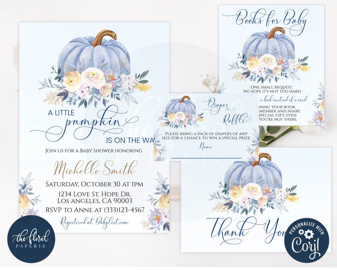 Blue Pumpkin Baby Shower Invitation Template Pumpkin Baby Etsy