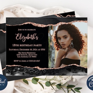 black and rose gold birthday invitation template, editable any age birthday invitation, agate invitation, women birthday photo invitation