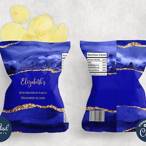 May include: Blue and gold chip bag with a glittery design. The bag is personalised with the text "Elizabeth's 18th Birthday Party December 19, 202X".