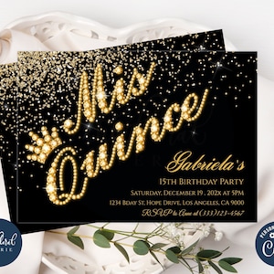 mis quince invitation template printable, black and gold birthday invitation, editable 15th birthday invitations, quinceanera invitations