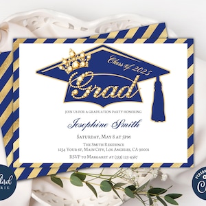 graduation party invitation template, editable  navy blue and gold graduation party invites, class of 2025, graduation celebration invites
