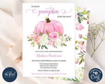 Pink Pumpkin Baby Shower Invitation Template, Editable Fall Invite (Digital Download)