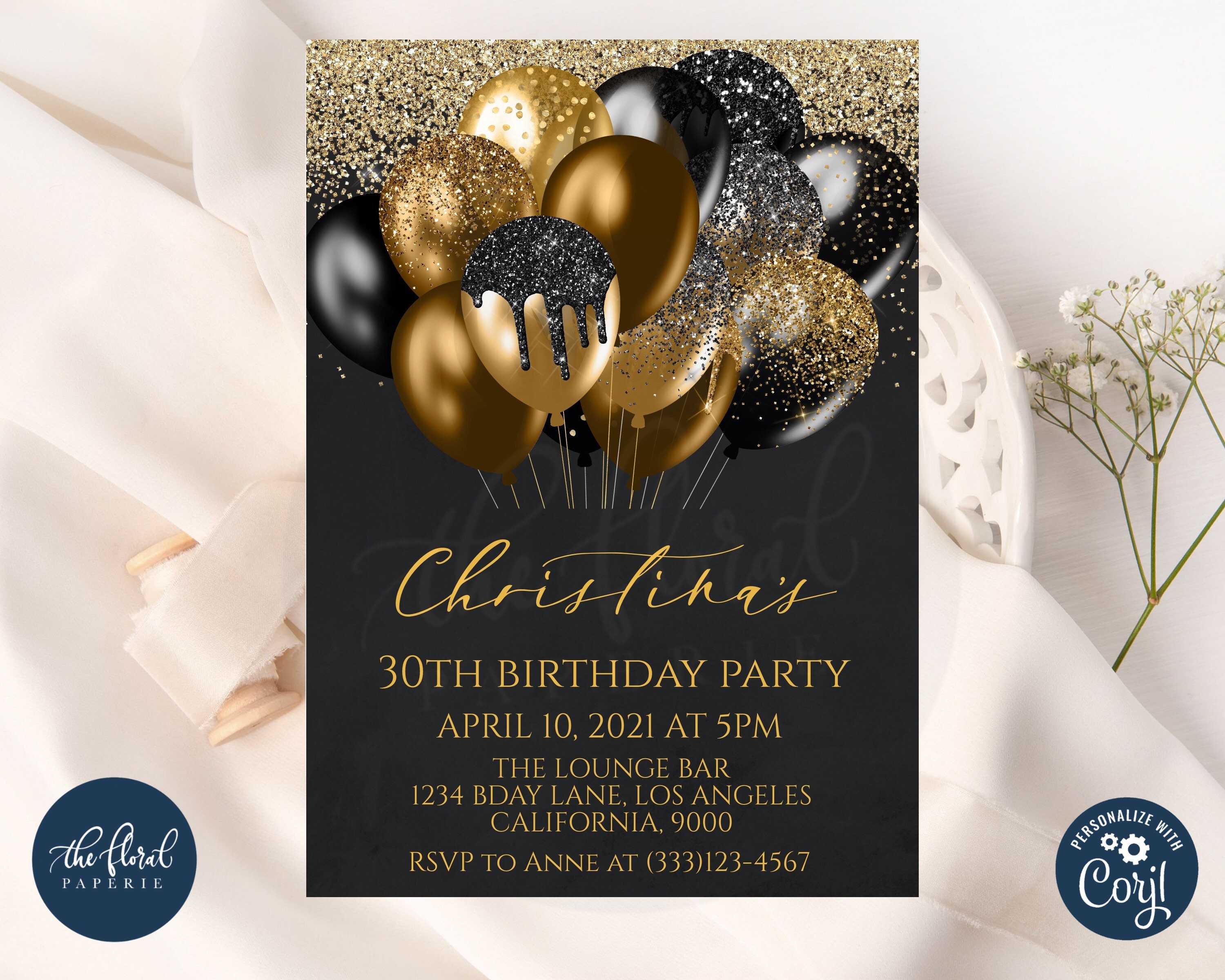 Black and Gold Birthday Invitation Template Editable Birthday - Etsy