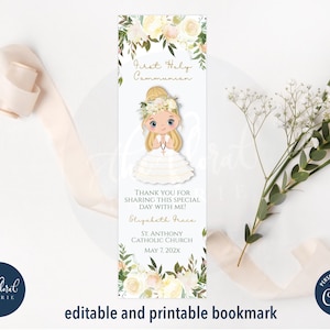 first holy communion bookmark template, printable baptism bookmark favors, girl first holy communion, editable communion favor, girl baptism