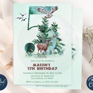 5th birthday invitation template, woodland birthday invitations, forest birthday invitation, boy birthday party, fifth birthday invites