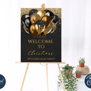 black and gold birthday Welcome Sign template, printable birthday welcome sign poster, adult birthday, balloons poster party decor,