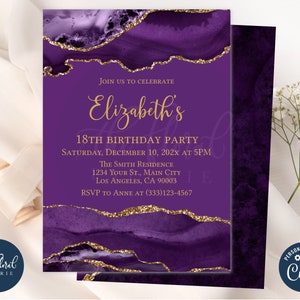 Modèle d'invitation d'anniversaire violet et or, modifiable pour tout âge, invitation d'anniversaire, invitation d'agate, anniversaire d'adulte, anniversaire de femme TFP04