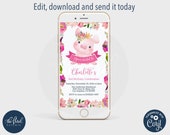 pig birthday text invitation template, pig birthday text invite, girl birthday digital invitation, phone invitation, electronic invitation