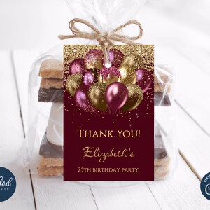 burgundy and gold birthday favor tags template, editable birthday gift tags, printable birthday treat tag, thank you tags, personalized tags